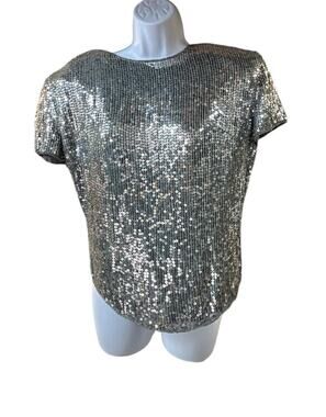 NWT Harrison Morgan Silk Sequin Top Silver Vintage NYE Holiday Party Blouse L